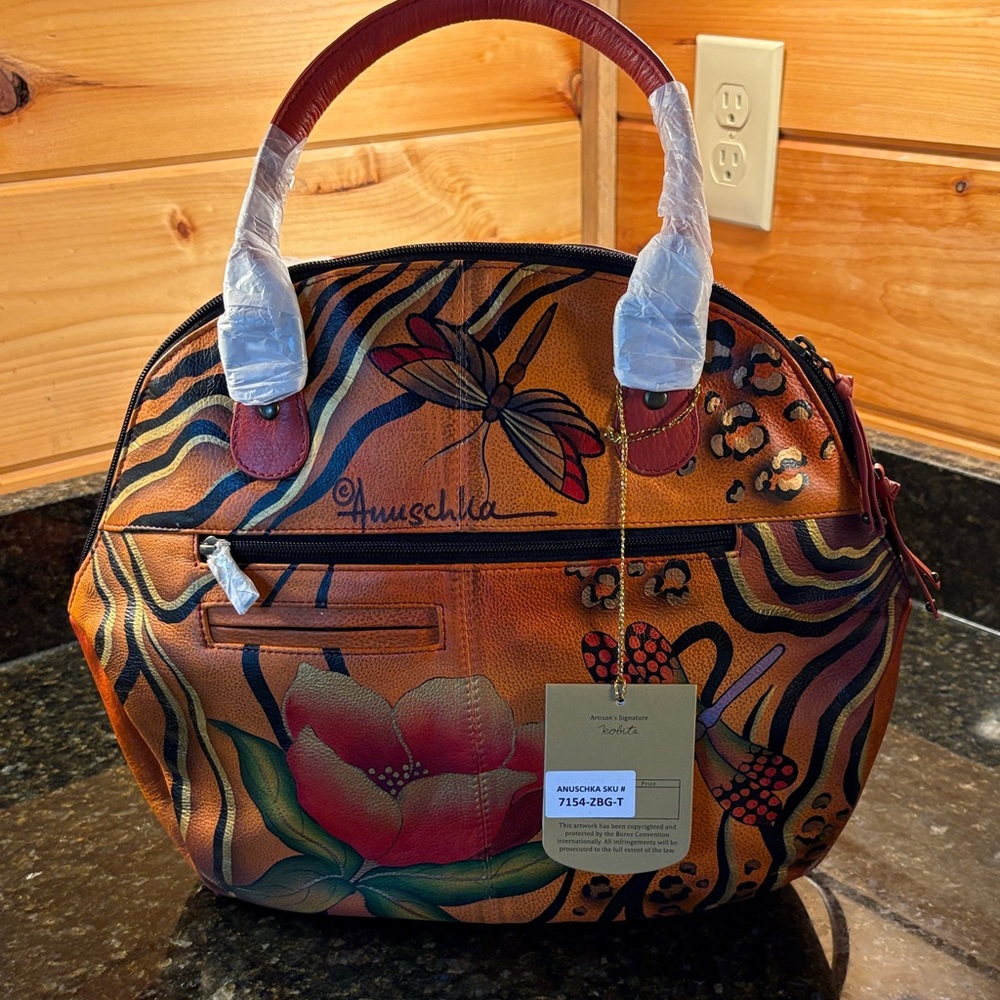 Anuschka Orange and Black Artistic Shoulder Bag
